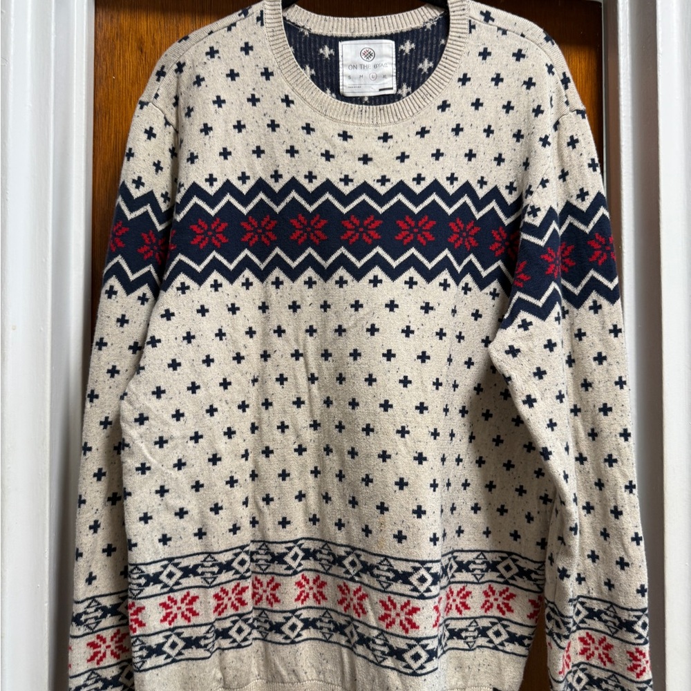 On the Byas Beige and Navy Crewneck Sweater